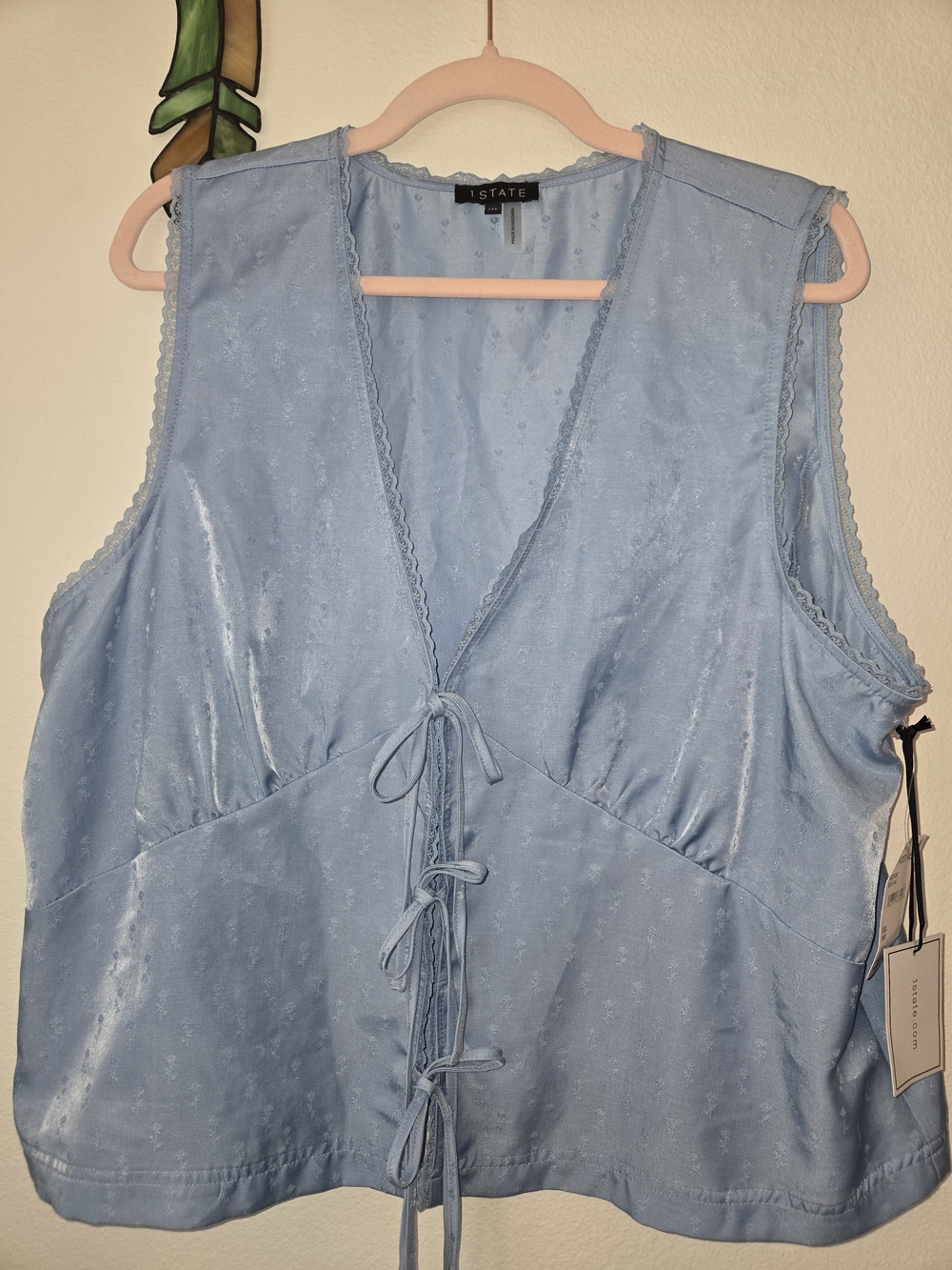 NWT 1.STATE Blue Tie Front Sleeveless Top XXL Satin Look